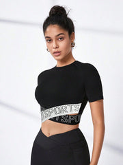 Sport Studio Letter Graphic Crisscross Sports Tee Gym Top Fitted Shirt - WestLine Apparel