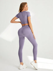 Sport Studio Raglan Short Sleeve Crop Top And High Waist Wide Leggings Sportswear Set - WestLine Apparel