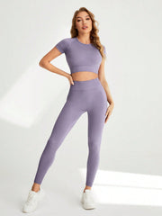Sport Studio Raglan Short Sleeve Crop Top And High Waist Wide Leggings Sportswear Set - WestLine Apparel