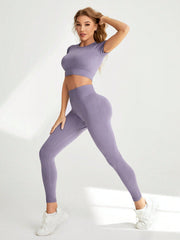 Sport Studio Raglan Short Sleeve Crop Top And High Waist Wide Leggings Sportswear Set - WestLine Apparel