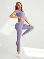 Sport Studio Raglan Short Sleeve Crop Top And High Waist Wide Leggings Sportswear Set - WestLine Apparel