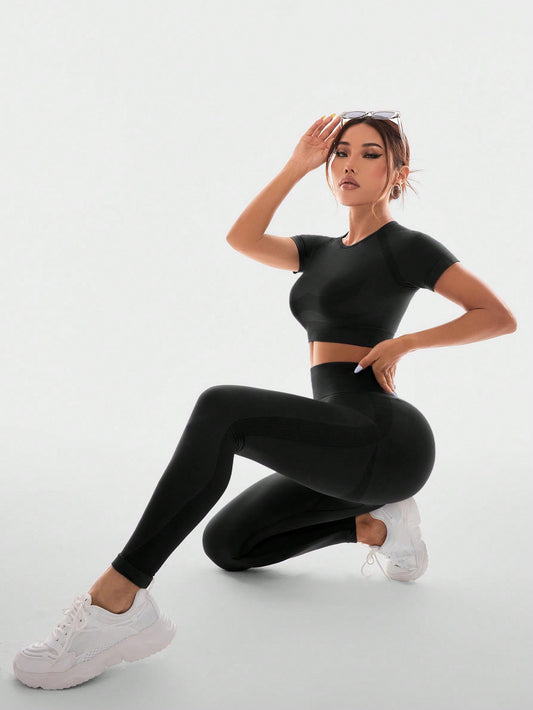 Sport Studio Seamless High-Stretch Sport Short Sleeve Top And Long Pants Set - WestLine Apparel