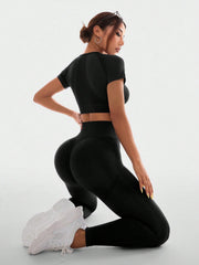 Sport Studio Seamless High-Stretch Sport Short Sleeve Top And Long Pants Set - WestLine Apparel