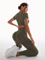 Sport Studio Seamless High-Stretch Sport Short Sleeve Top And Long Pants Set - WestLine Apparel