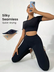 Sport Studio Seamless High-Stretch Sport Short Sleeve Top And Long Pants Set - WestLine Apparel