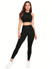 Sport Studio Seamless Solid Color Slim Fit Vest And Long Pants Yoga Sportswear Set - WestLine Apparel