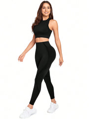 Sport Studio Seamless Solid Color Slim Fit Vest And Long Pants Yoga Sportswear Set - WestLine Apparel