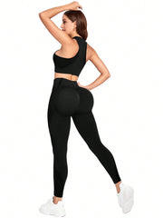 Sport Studio Seamless Solid Color Slim Fit Vest And Long Pants Yoga Sportswear Set - WestLine Apparel
