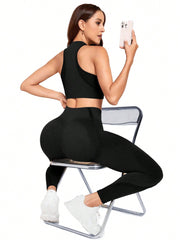 Sport Studio Seamless Solid Color Slim Fit Vest And Long Pants Yoga Sportswear Set - WestLine Apparel