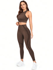 Sport Studio Seamless Solid Color Slim Fit Vest And Long Pants Yoga Sportswear Set - WestLine Apparel
