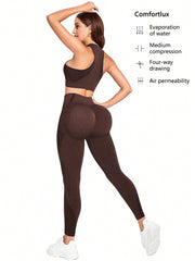 Sport Studio Seamless Solid Color Slim Fit Vest And Long Pants Yoga Sportswear Set - WestLine Apparel