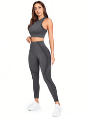Sport Studio Seamless Solid Color Slim Fit Vest And Long Pants Yoga Sportswear Set - WestLine Apparel