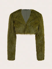 Sweetina Solid Open Front Fuzzy White Coat - WestLine Apparel