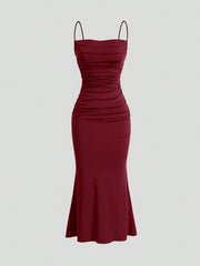 Sweetro Women's Summer Solid Color Pleated Fish Tail Hem Bodycon Elegant Strap Dress - WestLine Apparel