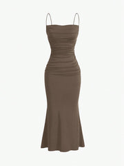 Sweetro Women's Summer Solid Color Pleated Fish Tail Hem Bodycon Elegant Strap Dress - WestLine Apparel