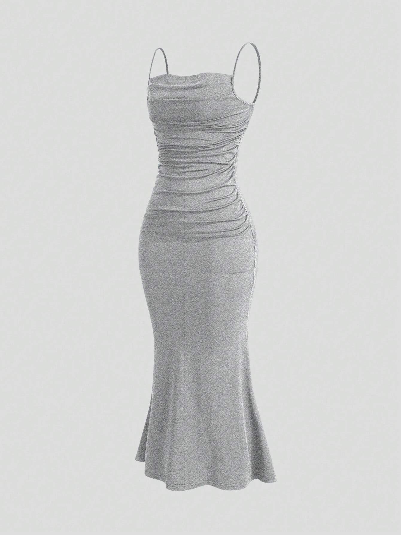 Sweetro Women's Summer Solid Color Pleated Fish Tail Hem Bodycon Elegant Strap Dress - WestLine Apparel