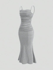 Sweetro Women's Summer Solid Color Pleated Fish Tail Hem Bodycon Elegant Strap Dress - WestLine Apparel