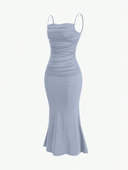 Sweetro Women's Summer Solid Color Pleated Fish Tail Hem Bodycon Elegant Strap Dress - WestLine Apparel