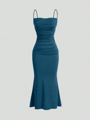 Sweetro Women's Summer Solid Color Pleated Fish Tail Hem Bodycon Elegant Strap Dress - WestLine Apparel