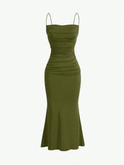 Sweetro Women's Summer Solid Color Pleated Fish Tail Hem Bodycon Elegant Strap Dress - WestLine Apparel