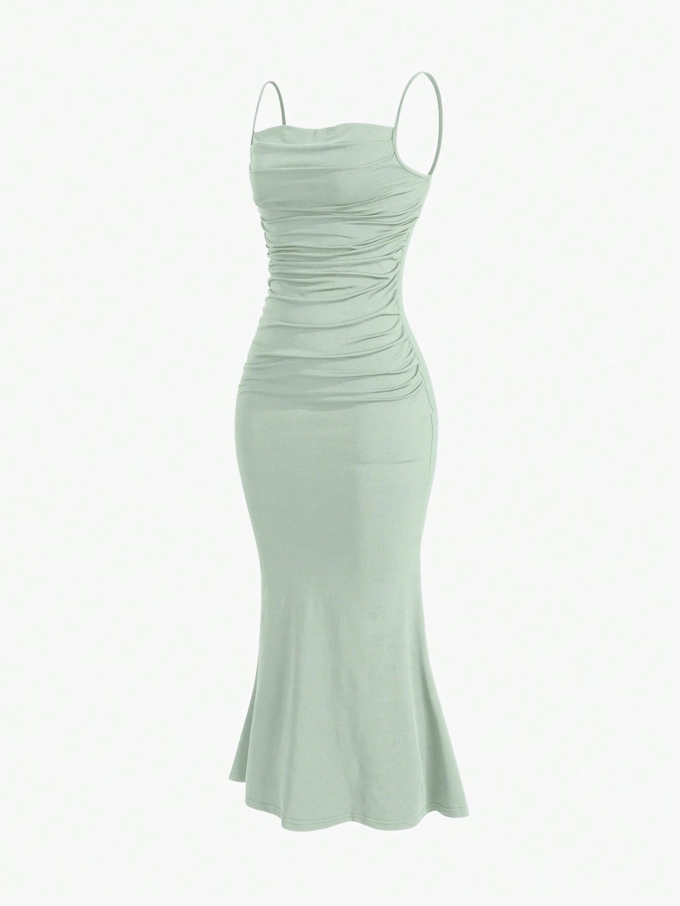 Sweetro Women's Summer Solid Color Pleated Fish Tail Hem Bodycon Elegant Strap Dress - WestLine Apparel