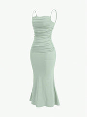 Sweetro Women's Summer Solid Color Pleated Fish Tail Hem Bodycon Elegant Strap Dress - WestLine Apparel