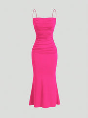 Sweetro Women's Summer Solid Color Pleated Fish Tail Hem Bodycon Elegant Strap Dress - WestLine Apparel