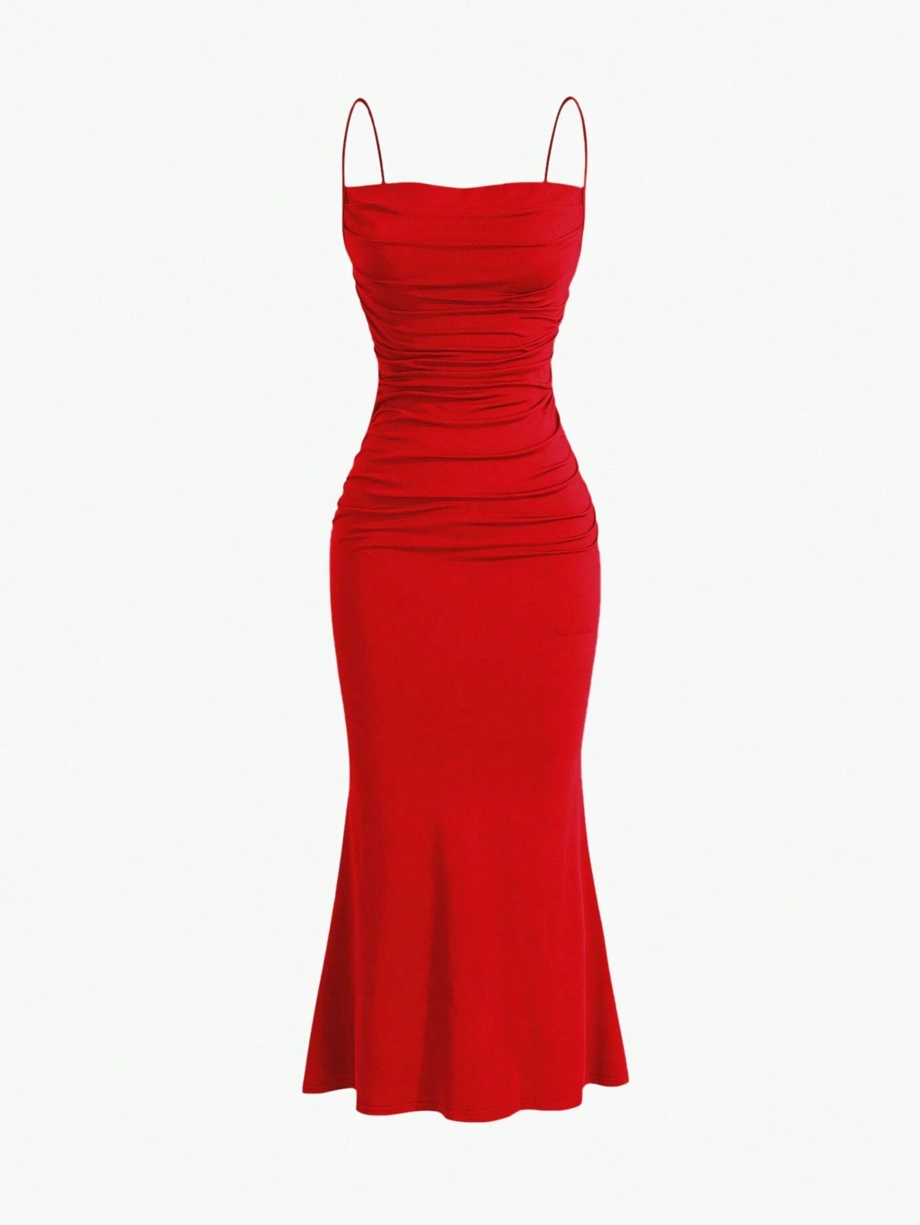 Sweetro Women's Summer Solid Color Pleated Fish Tail Hem Bodycon Elegant Strap Dress - WestLine Apparel