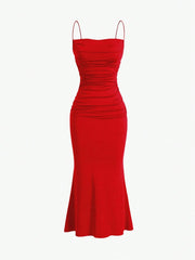 Sweetro Women's Summer Solid Color Pleated Fish Tail Hem Bodycon Elegant Strap Dress - WestLine Apparel