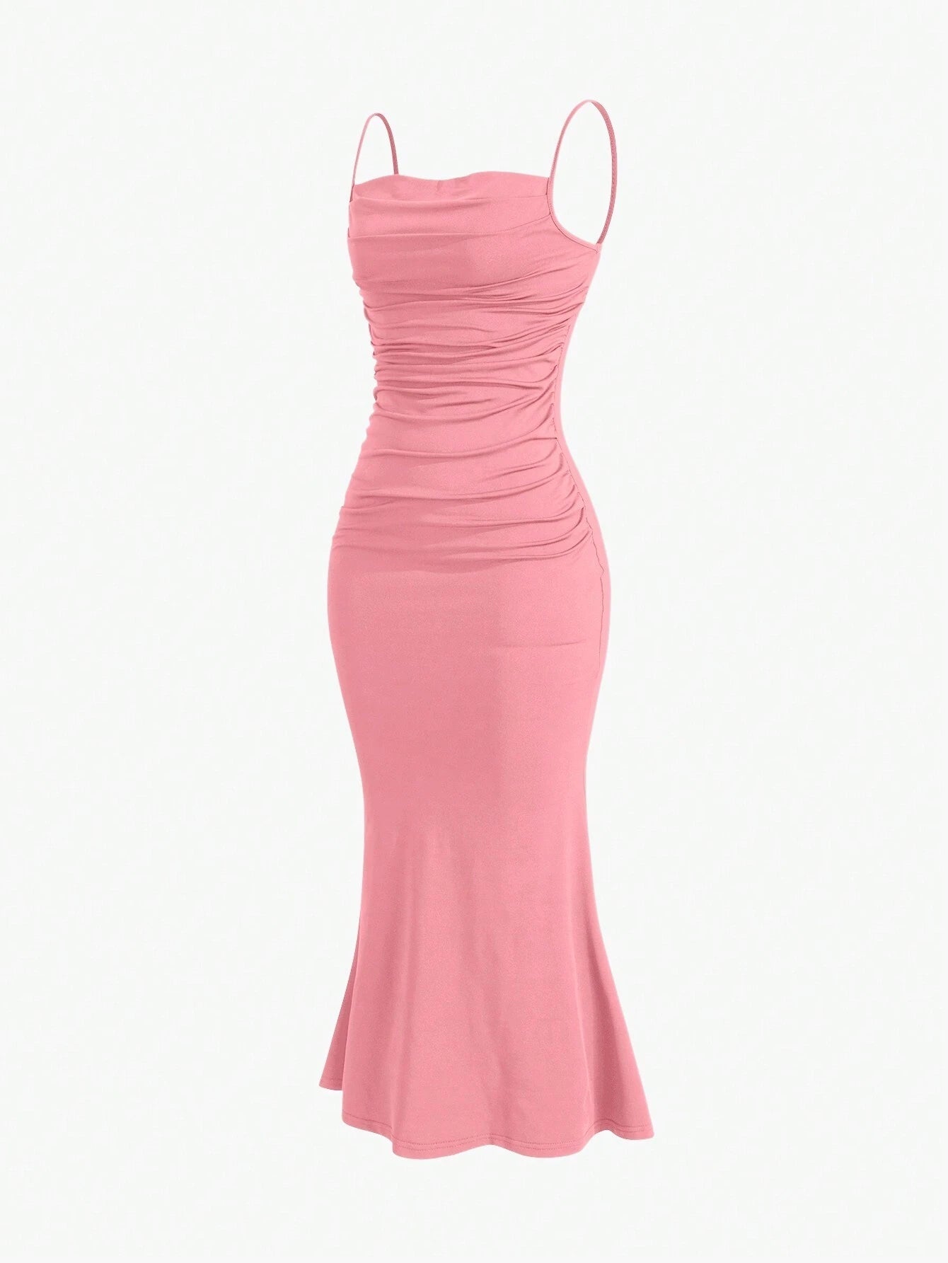 Sweetro Women's Summer Solid Color Pleated Fish Tail Hem Bodycon Elegant Strap Dress - WestLine Apparel