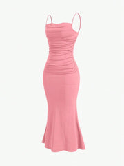 Sweetro Women's Summer Solid Color Pleated Fish Tail Hem Bodycon Elegant Strap Dress - WestLine Apparel