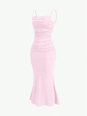 Sweetro Women's Summer Solid Color Pleated Fish Tail Hem Bodycon Elegant Strap Dress - WestLine Apparel