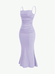 Sweetro Women's Summer Solid Color Pleated Fish Tail Hem Bodycon Elegant Strap Dress - WestLine Apparel