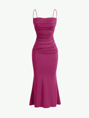 Sweetro Women's Summer Solid Color Pleated Fish Tail Hem Bodycon Elegant Strap Dress - WestLine Apparel