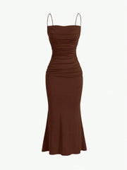 Sweetro Women's Summer Solid Color Pleated Fish Tail Hem Bodycon Elegant Strap Dress - WestLine Apparel