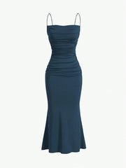 Sweetro Women's Summer Solid Color Pleated Fish Tail Hem Bodycon Elegant Strap Dress - WestLine Apparel