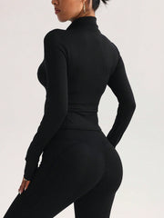 Women Fitted Gym Clothes Sports Running Fitness Zip-Up Stretchy Simple Stylish Sexy Tight Long Sleeve Yoga Jacket - WestLine Apparel