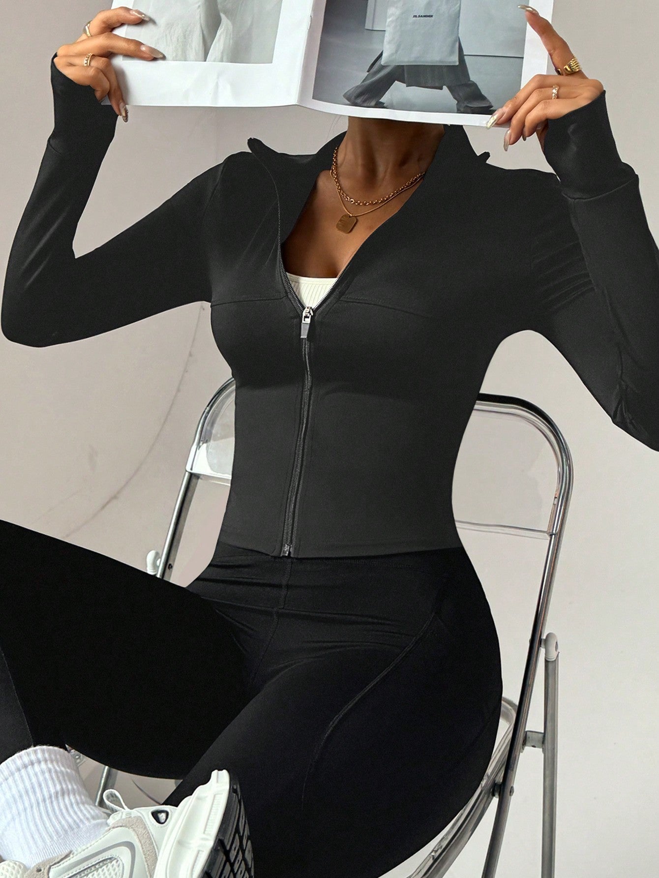 Women Fitted Gym Clothes Sports Running Fitness Zip-Up Stretchy Simple Stylish Sexy Tight Long Sleeve Yoga Jacket - WestLine Apparel