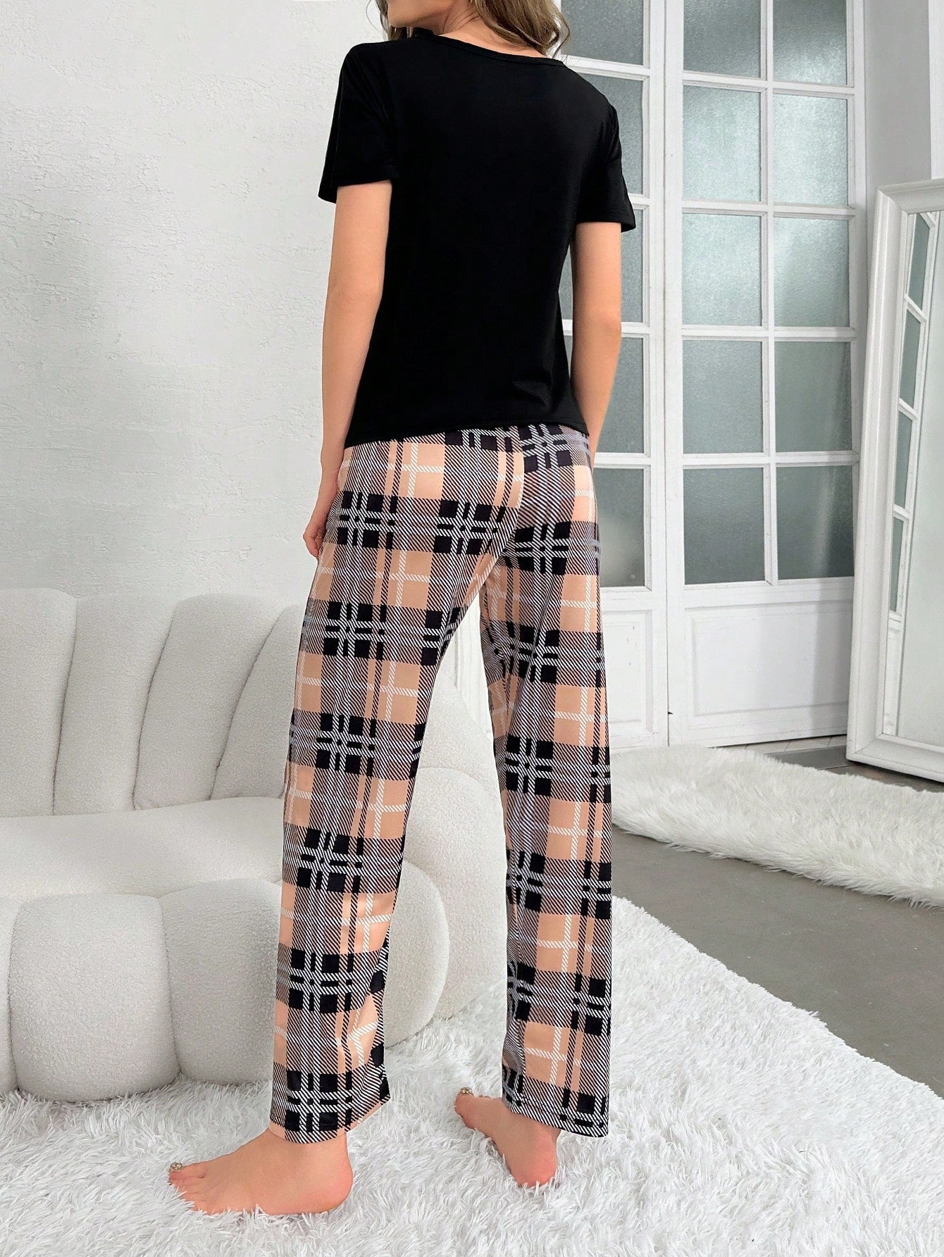 Women's Bear Print Short Sleeve T-Shirt And Plaid Pants Sleepwear Set Pajama Set - WestLine Apparel
