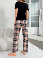 Women's Bear Print Short Sleeve T-Shirt And Plaid Pants Sleepwear Set Pajama Set - WestLine Apparel