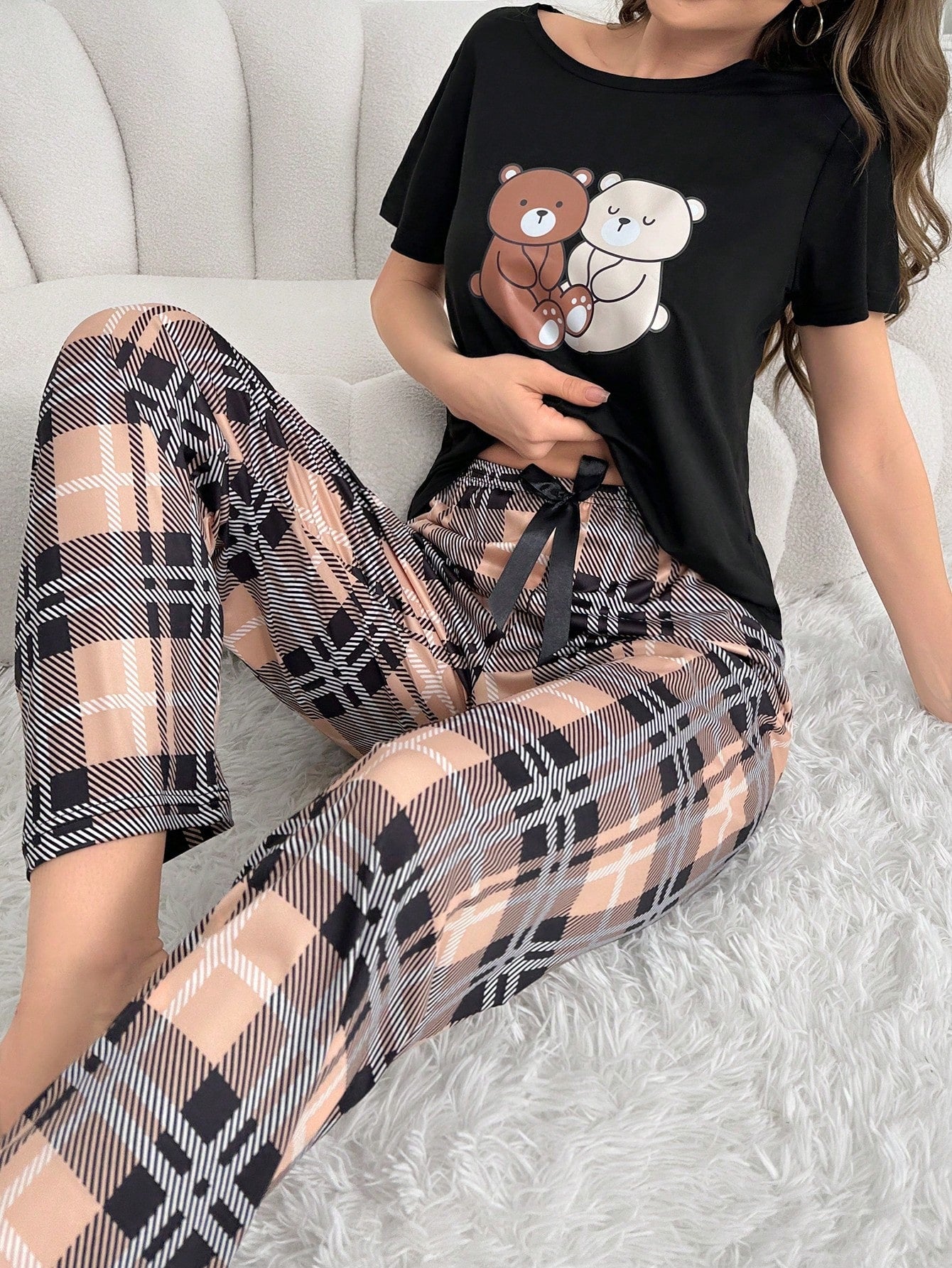 Women's Bear Print Short Sleeve T-Shirt And Plaid Pants Sleepwear Set Pajama Set - WestLine Apparel