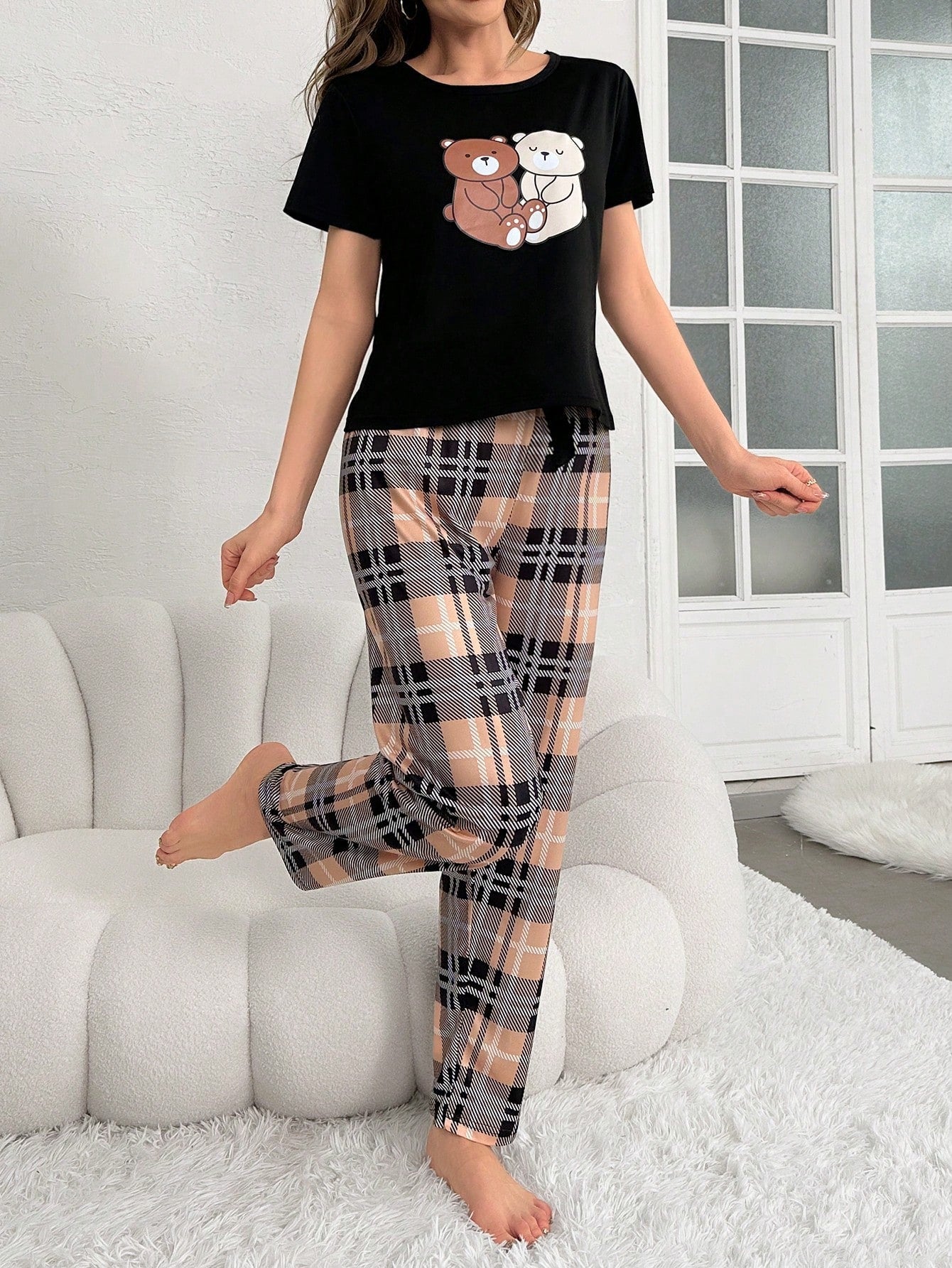 Women's Bear Print Short Sleeve T-Shirt And Plaid Pants Sleepwear Set Pajama Set - WestLine Apparel