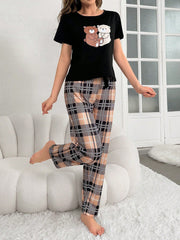 Women's Bear Print Short Sleeve T-Shirt And Plaid Pants Sleepwear Set Pajama Set - WestLine Apparel