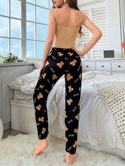 Women's Casual Letter & Cartoon Bear Print Camisole And Pants Loungewear Set - WestLine Apparel