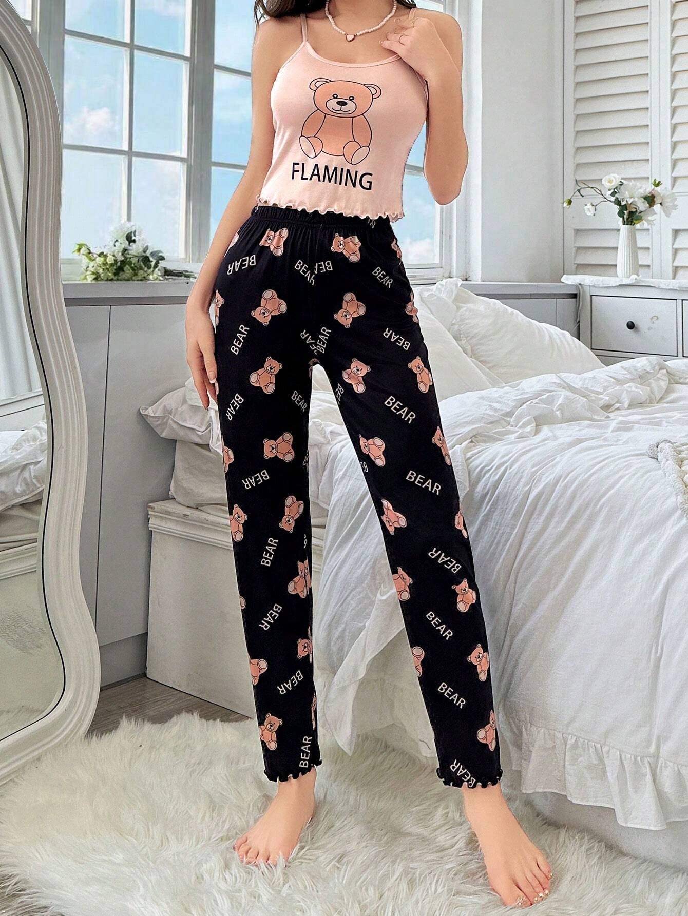 Women's Casual Letter & Cartoon Bear Print Camisole And Pants Loungewear Set - WestLine Apparel