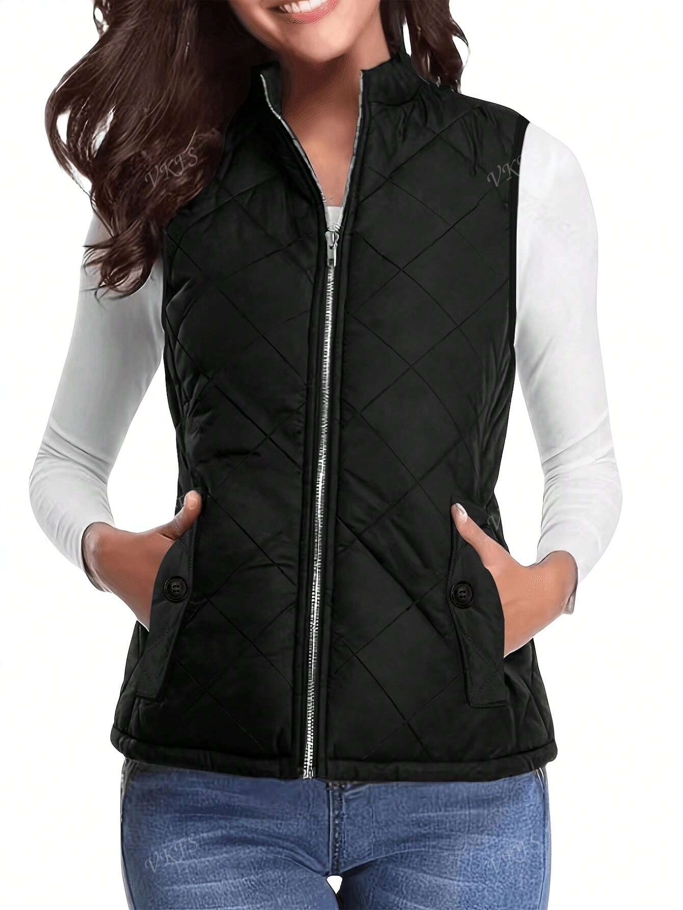 Women's Casual Solid Color Mock Neck Sleeveless Zip-Up Padded Vest Jacket - WestLine Apparel