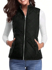Women's Casual Solid Color Mock Neck Sleeveless Zip-Up Padded Vest Jacket - WestLine Apparel