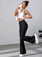 Women's High Waist Solid Color Bell Bottom Sports Yoga Pants Compression Tights Running Workout Bottoms - WestLine Apparel