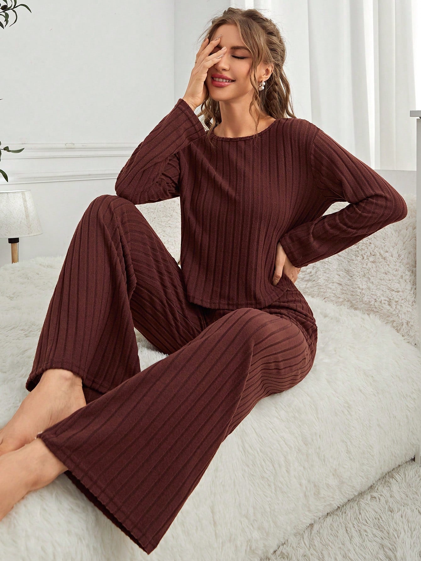 Women's Long Sleeve Ribbed Homewear Set - WestLine Apparel