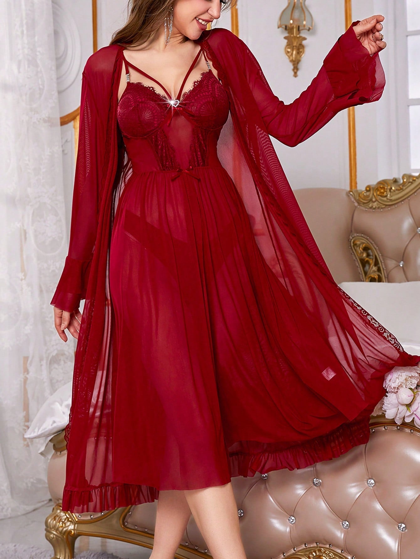 Women's Red Lace Perspective Slip Dress And Robe Pajama Set - WestLine Apparel